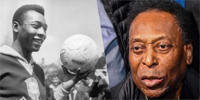 פלה בשנת 2019, ובמדי נבחרת ברזיל ב־1963 // צילומים: NELSON ALMEIDA/AFP via Getty Images, Keystone/Getty Images